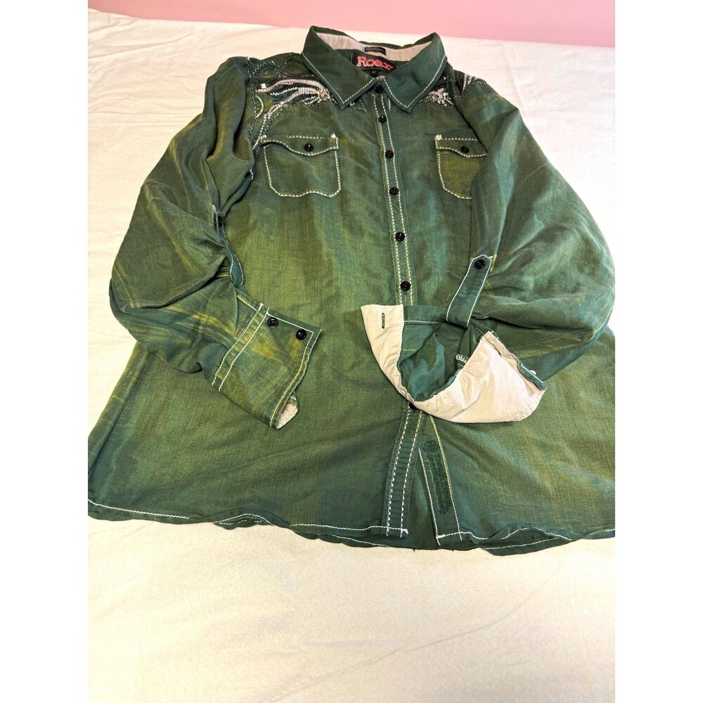 Roar Chariot II women’s XL Green button down sequin rhinestone western shirt Y2K